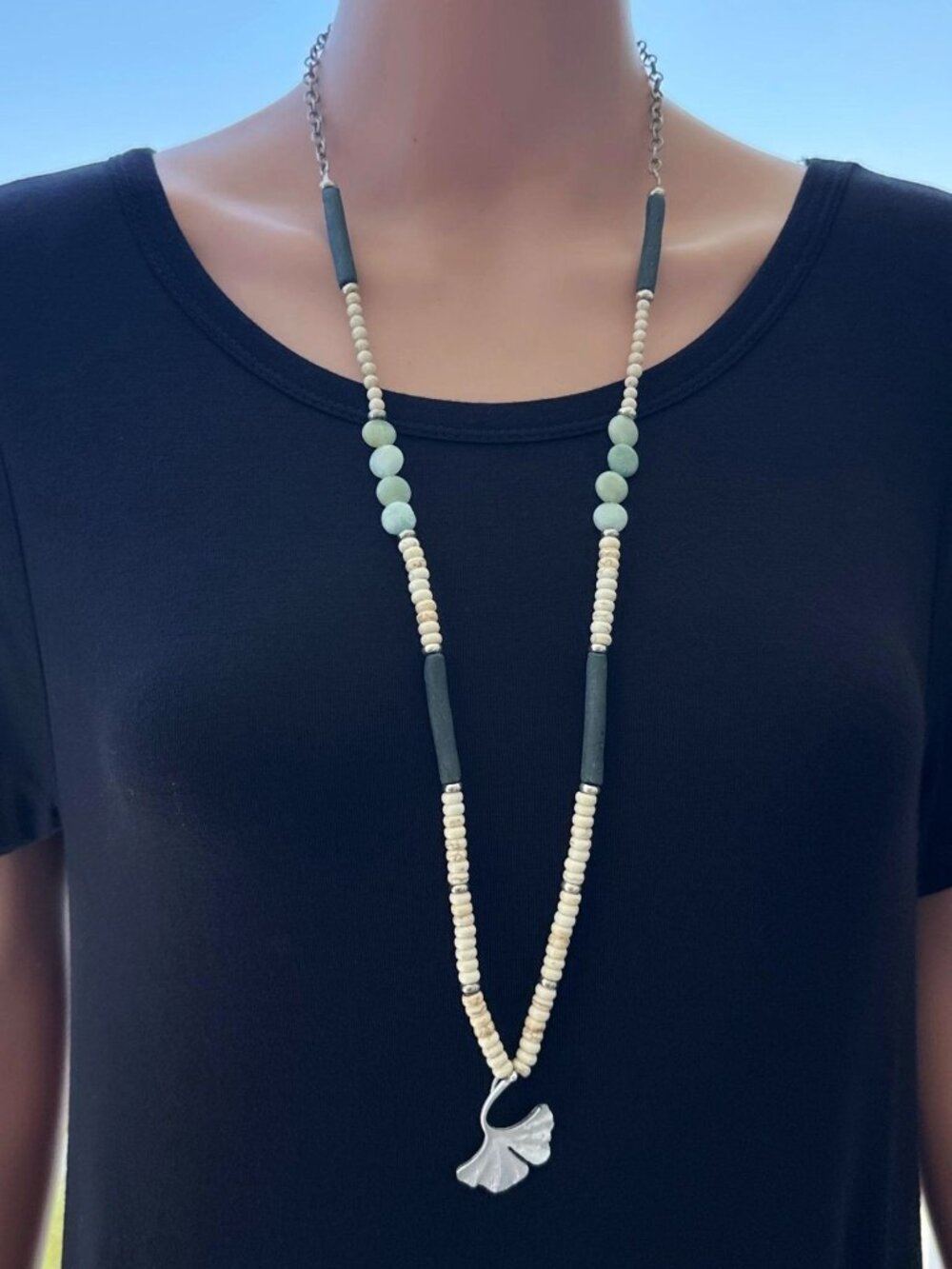 Long Beaded Necklace Leaf Pendant Cream Green Blue 33 Inch Length Womens Jewelry